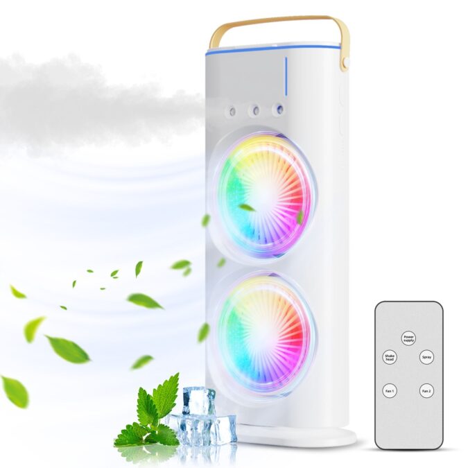 TOMTOP Technology Co., Ltd: 41% OFF Dual Head Spray Tower Fan with Control Mist Humidifier 180   Adjustable 90   Rotatable Rechargeable Desk Fan with 3 Wind Speed Colorful Ambient Light Portable Handle For Home Office Travel Camping,27.89?