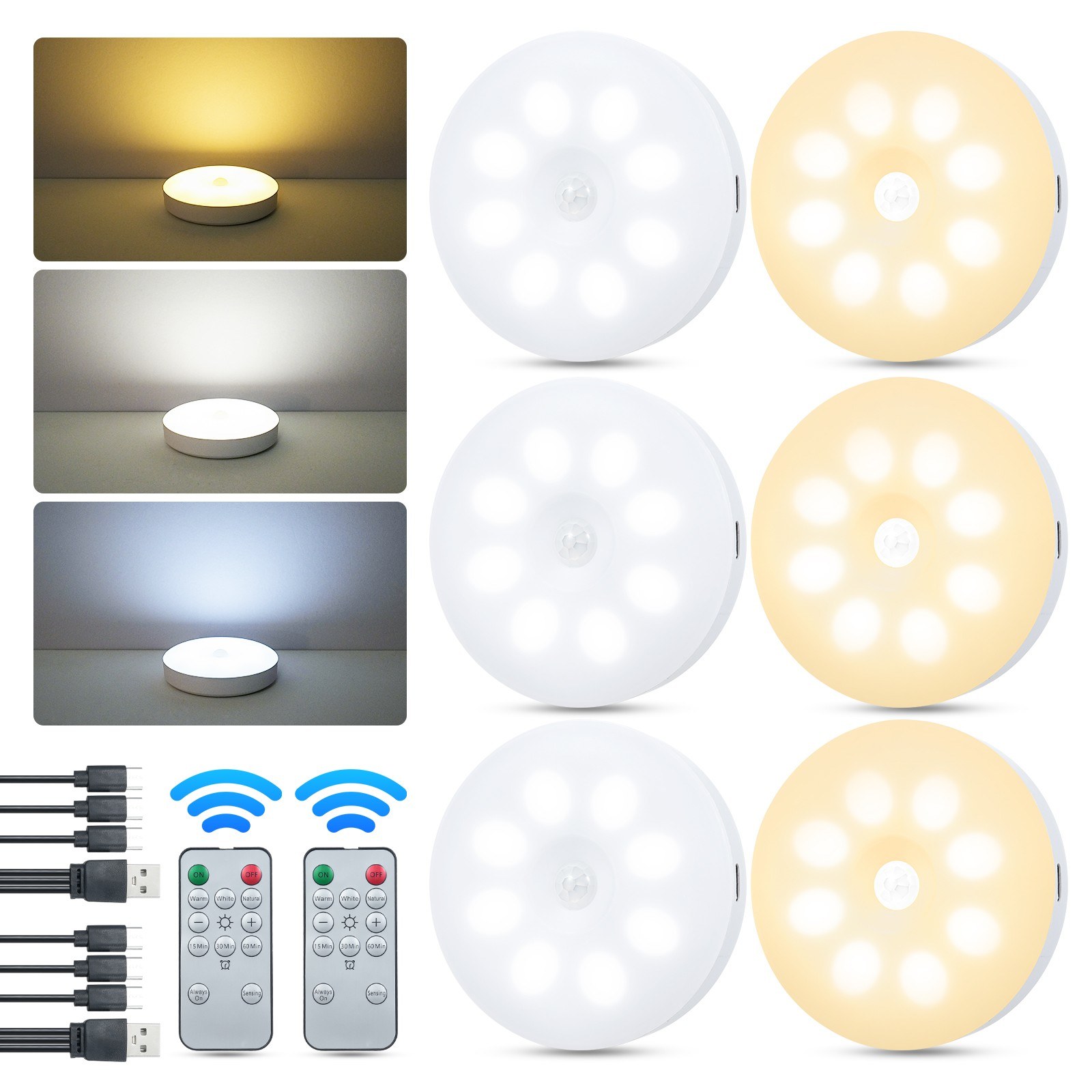 TOMTOP Technology Co., Ltd: 63% OFF 6PCS Cabinet Closet Lamp with Remote Control Rechargeable Motion Sensor Dimming and 15mins/30mins/60mins Timing,20.45?